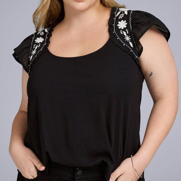 torrid Tops - Torrid women plus size 1X belle isle jersey flutter embroidered top deep black